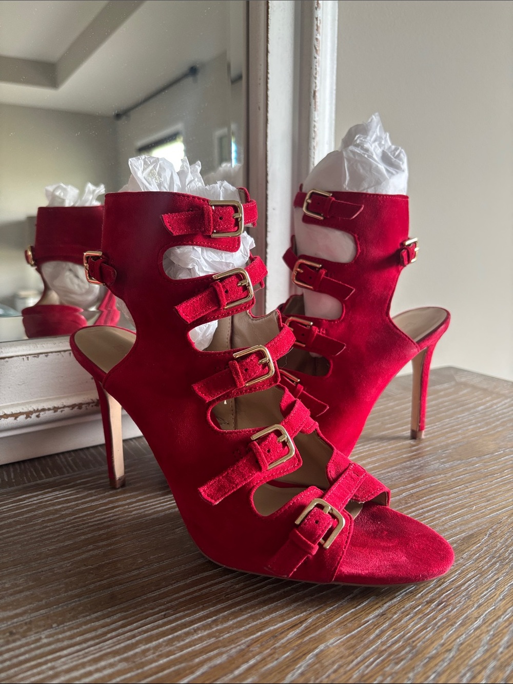Enzo Angiolini Red Suede Multi-Buckle Stiletto Sandals
